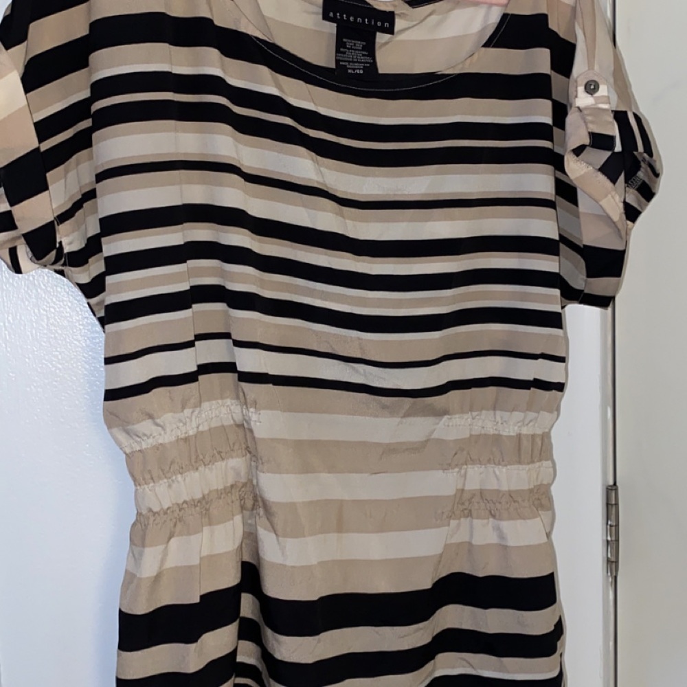 attention Striped Short Sleeve Tunic in Beige and Black